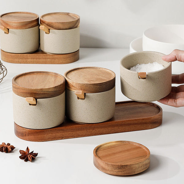 Ceramic Seasoning Jar with Wooden Lid and Spoon